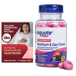 equate extra strength heartburn relief + gas relief chews, mixed berry, 54 ct bundle with exclusive “say “no” to indigestion and heartburn” – better idea guide (2 items)
