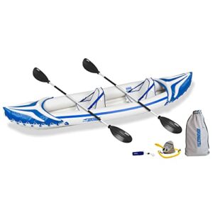 Sea Eagle SE370SK_P 3 Person Blow Up Inflatable Lightweight Rugged Portable Sport Tandem Kayak Canoe Including Back Seats and Bag, White/Blue