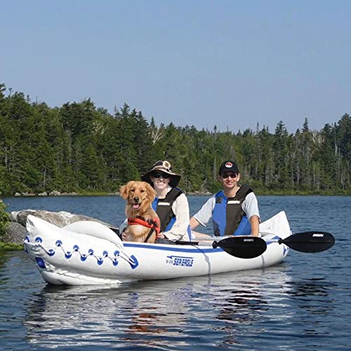 Sea Eagle SE370SK_P 3 Person Blow Up Inflatable Lightweight Rugged Portable Sport Tandem Kayak Canoe Including Back Seats and Bag, White/Blue