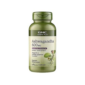 gnc herbal plus ashwagandha 600mg, 60 capsules, supports a healthy response to stress