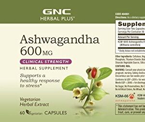 GNC Herbal Plus Ashwagandha 600mg, 60 Capsules, Supports a Healthy Response to Stress