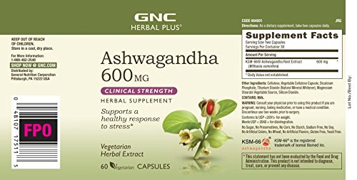 GNC Herbal Plus Ashwagandha 600mg, 60 Capsules, Supports a Healthy Response to Stress