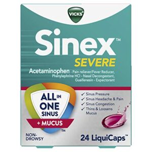 vicks sinex severe, all-in-one sinus + mucus relief, non-drowsy, loosens mucus, maximum strength relief of pain, pressure, congestion, & headache relief, 24 liquicaps