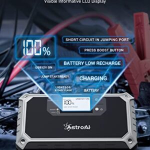 AstroAI Car Jump Starter, 2000A 12V 8-in-1 Battery Jump Starter, Up to 7.0L Gas & 3.0L Diesel Engines, 18000mAh Quick Charge 3.0 Power Bank, Informative LCD Screen with Cigarette adapter, Jumper Cable