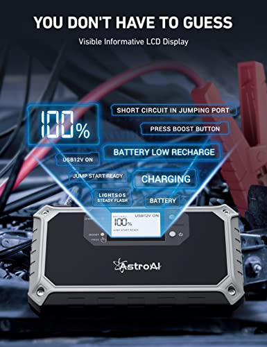 AstroAI Car Jump Starter, 2000A 12V 8-in-1 Battery Jump Starter, Up to 7.0L Gas & 3.0L Diesel Engines, 18000mAh Quick Charge 3.0 Power Bank, Informative LCD Screen with Cigarette adapter, Jumper Cable