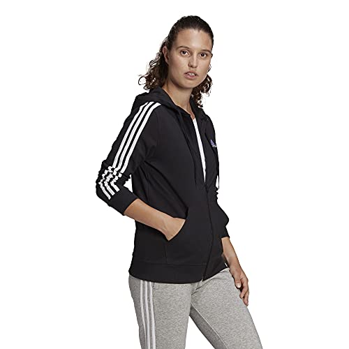 adidas Women's Essentials Single Jersey 3-Stripes Full-Zip Hoodie, Black/White, Medium