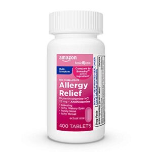 amazon basic care allergy relief diphenhydramine hcl 25 mg, antihistamine tablets for symptoms due to hay fever and upper respiratory allergies, 400 count