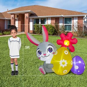 BLOWOUT FUN 5ft Inflatable Easter Bunny with Flower and Egg Decoration, LED Lighted for Indoor Outdoor Blow Up Lawn Yard Decor