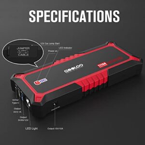 GOOLOO GP3000 Jump Starter, 3000A Portable Car Jump Starter for up to 10.0L Gas Engines & 8.0L Diesel, 12V SuperSafe Lithium Jump Box Battery Booster Pack, Auto Jump Starter with USB Quick Charge