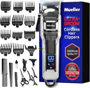 mueller hair clippers kit cordless, dual voltage beard trimmer for men with rechargeable battery & digital display, 3h of running time
