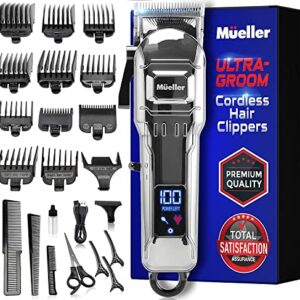 Mueller Hair Clippers Kit Cordless, Dual Voltage Beard Trimmer for Men with Rechargeable Battery & Digital Display, 3h of Running Time