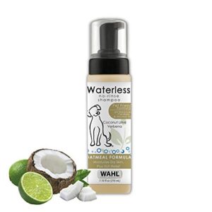 wahl pet friendly waterless no rinse shampoo for animals – oatmeal & coconut lime verbena for cleaning, conditioning, detangling & moisturizing dogs, cats & horses – 7.1 oz – model 820015a