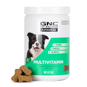 gnc for pets advanced dog multivitamin soft chews | 90 ct salmon oil dog supplement immune booster for overall health and wellness | chicken flavor chewable dog multivitamin