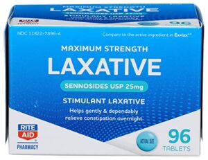rite aid maximum strength laxative, sennosides usp tablets, 25 mg, 96 count | constipation relief laxative extra strength | overnight fast acting laxative | fiber supplement & stool softeners softgels