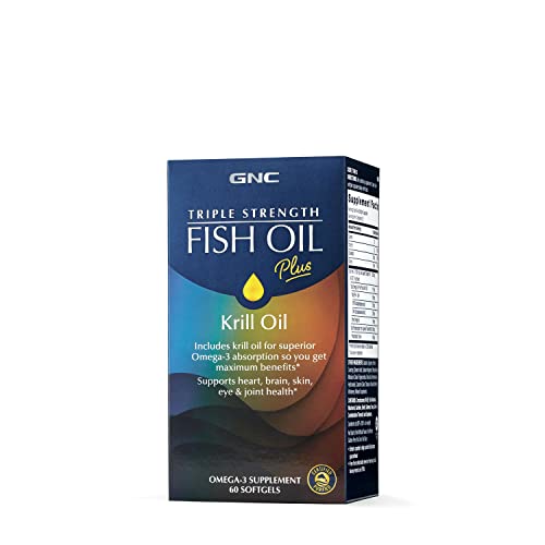 GNC Triple Strength Fish Oil Plus Krill Oil | Includes Krill Oil for Superior Omega-3 Absorption, Supports Heart, Brain, Skin, Eye, and Joint Health | 60 Softgels