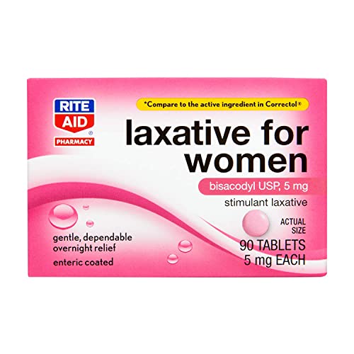 Rite Aid Women's Stimulant Laxative Tablets, Bisacodyl USP, 5 mg - 90 Count | Constipation Relief | Coated for Easy Swallowing | Laxatives for Constipation for Women | Women Health | Stool Softener