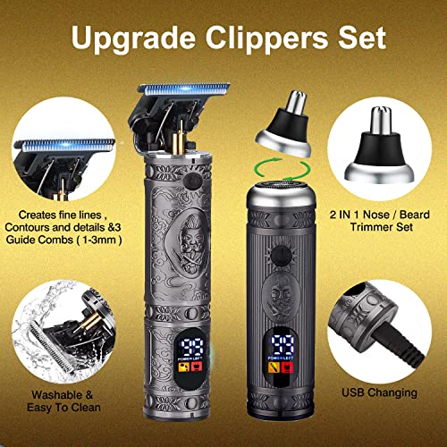 EHJYO Hair Clippers for Men, Professional Cordless Clippers for Hair Cutting Barber Clippers and Trimmers Set,USB Rechargeable T-Blade/Beard/Nose Hair Trimmer Set, Gifts for Men Dad Husband Gray