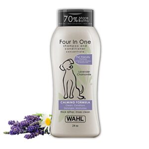 wahl 4-in-1 calming pet shampoo for dogs – cleans, conditions, detangles, & moisturizes with lavender chamomile – pet friendly formula – 24 oz – model 820000a
