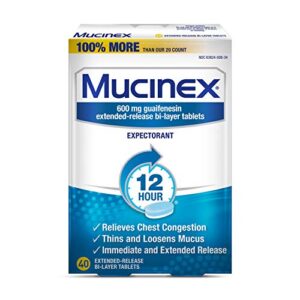 chest congestion, mucinex 12 hour extended release tablets, 40ct, 600 mg guaifenesin relieves chest congestion caused by excess mucus, #1 doctor recommended otc expectorant