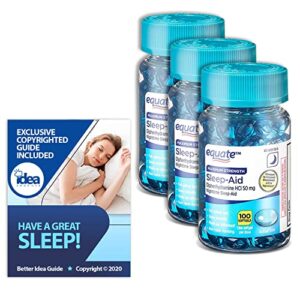 equate maximum strength sleep-aid softgels 50mg, 100 ct (3 pack) bundle with exclusive “have a great sleep” – better idea guide (4 items)