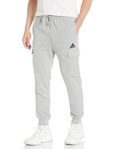 adidas men’s essentials fleece regular tapered cargo pants, medium grey heather/black, large