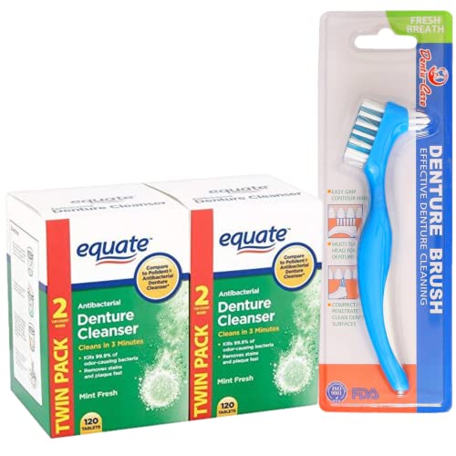 Denture Cleaner Tablets Equate Fresh Mint 240 Count Bundle with Dentu-Care Denture Brush for Maintaining Good Oral Care for Full/Partial Dentures