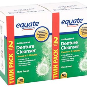 Denture Cleaner Tablets Equate Fresh Mint 240 Count Bundle with Dentu-Care Denture Brush for Maintaining Good Oral Care for Full/Partial Dentures