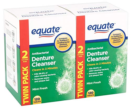 Denture Cleaner Tablets Equate Fresh Mint 240 Count Bundle with Dentu-Care Denture Brush for Maintaining Good Oral Care for Full/Partial Dentures