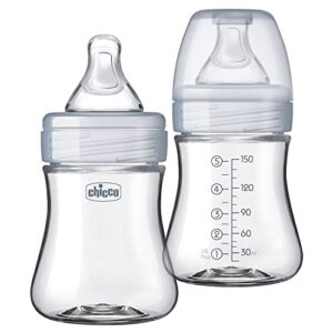 chicco duo 5oz. hybrid baby bottle with invinci-glass inside/plastic outside 2-pack with slow flow anti-colic nipple – clear/grey