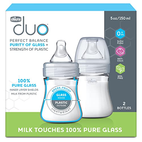 Chicco Duo 5oz. Hybrid Baby Bottle with Invinci-Glass Inside/Plastic Outside 2-Pack with Slow Flow Anti-Colic Nipple - Clear/Grey