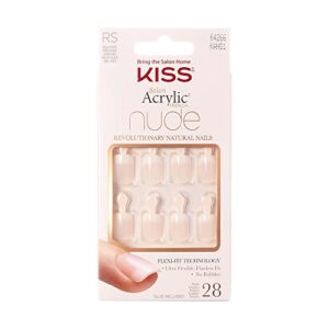 kiss salon acrylic french nude manicure kit, short length square fake nails, style “breathtaking”, acrylic infused technology, includes pink gel nail glue, mini nail file, manicure stick, & 28 nails