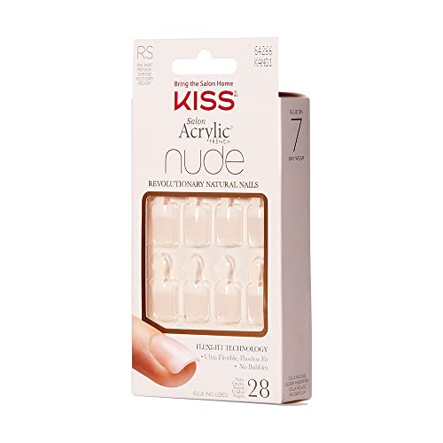 KISS Salon Acrylic French Nude Manicure Kit, Short Length Square Fake Nails, Style “Breathtaking”, Acrylic Infused Technology, Includes Pink Gel Nail Glue, Mini Nail File, Manicure Stick, & 28 Nails