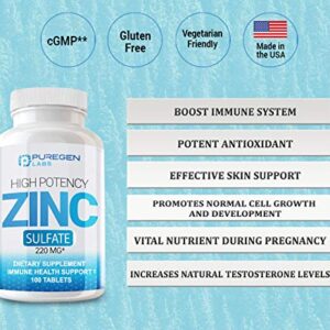 Zinc 220mg [High Potency] Supplement – Zinc Sulfate for Immune Support System 100 Tablets