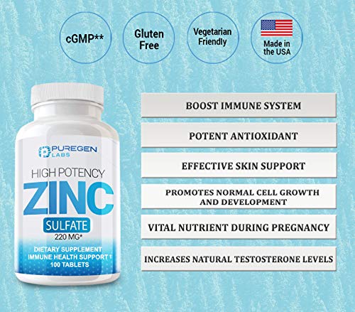 Zinc 220mg [High Potency] Supplement – Zinc Sulfate for Immune Support System 100 Tablets