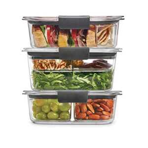 rubbermaid 12-piece brilliance food storage with dressing container, trays, and lids for lunch, meal prep, and leftovers, dishwasher safe, clear/grey
