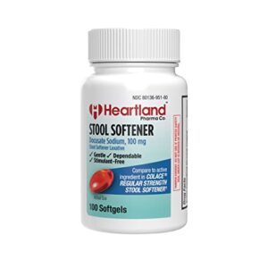 heartland pharma docusate sodium 100mg laxatives stool softener softgel – regular strength stool softener – actual size – gentle, dependable, and stimulant-free – (100 count)