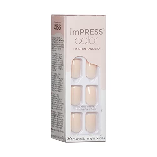 KISS imPRESS Color Press-On Manicure, Gel Nail Kit, PureFit Technology, Short Length, “Point Pink”, Polish-Free Solid Color Mani, Includes Prep Pad, Mini File, Cuticle Stick, and 30 Fake Nails