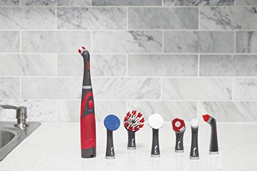 Rubbermaid Reveal Cordless Battery Power Scrubber Home Kit, 18 Pieces, Red, Multi-Purpose Scrub Brush Cleaner for Grout/Tile/Bathroom/Shower/Bathtub, Water Resistant, Lightweight, Ergonomic Grip