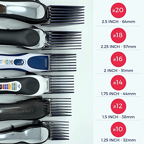 Clipquik Premium XL Clipper Guards, Strong & Sturdy 2.5 inch, 2.25", 2", 1.75", 1.5", 1.25" (#20, #18, #16, #14, #12, #10) Extra Long, Large Guide Comb Set Fits Most Wahl Full Size Hair Clippers