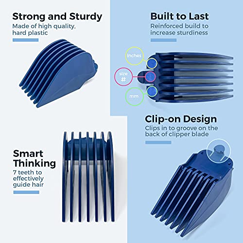 Clipquik Premium XL Clipper Guards, Strong & Sturdy 2.5 inch, 2.25", 2", 1.75", 1.5", 1.25" (#20, #18, #16, #14, #12, #10) Extra Long, Large Guide Comb Set Fits Most Wahl Full Size Hair Clippers