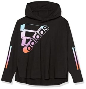 adidas girls’ long sleeve hooded graphic tee, black with multicolor, 6x
