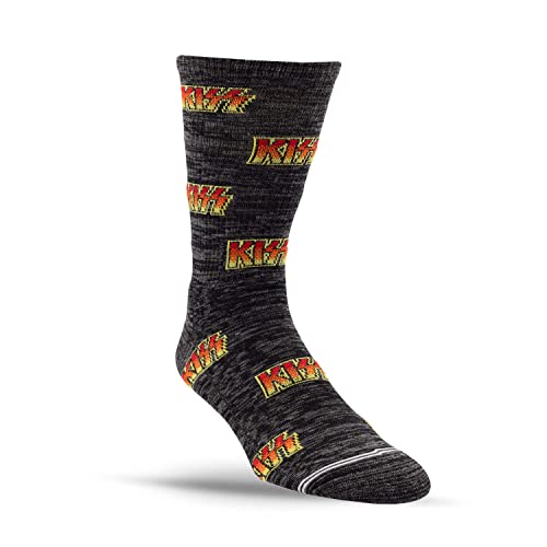 PERRI'S SOCKS- KISS® All Over Logo Crew Socks, Officially Licensed Rock Band Flat Socks, Cushioned Novelty Socks for Men and Women - Grey, Large KSA301-036-L