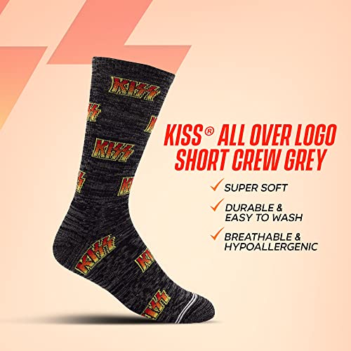 PERRI'S SOCKS- KISS® All Over Logo Crew Socks, Officially Licensed Rock Band Flat Socks, Cushioned Novelty Socks for Men and Women - Grey, Large KSA301-036-L