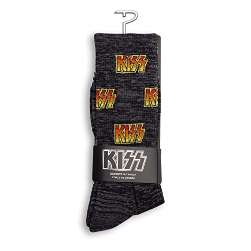 PERRI'S SOCKS- KISS® All Over Logo Crew Socks, Officially Licensed Rock Band Flat Socks, Cushioned Novelty Socks for Men and Women - Grey, Large KSA301-036-L