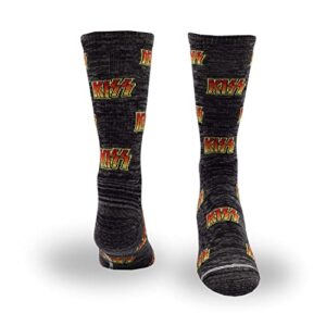 PERRI'S SOCKS- KISS® All Over Logo Crew Socks, Officially Licensed Rock Band Flat Socks, Cushioned Novelty Socks for Men and Women - Grey, Large KSA301-036-L