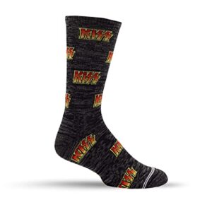 PERRI'S SOCKS- KISS® All Over Logo Crew Socks, Officially Licensed Rock Band Flat Socks, Cushioned Novelty Socks for Men and Women - Grey, Large KSA301-036-L