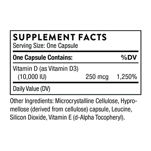 Thorne Vitamin D-10,000 - Vitamin D3 Supplement - 10,000 IU - Support Healthy Teeth, Bones, Muscles, Cardiovascular, and Immune Function - Gluten-Free, Dairy-Free, Soy-Free - 60 Capsules