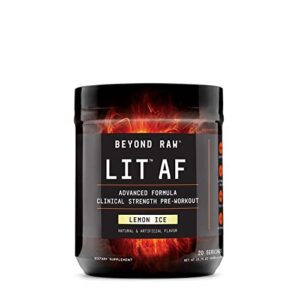beyond raw lit af | advanced formula clinical strength pre-workout powder | contains caffeine, l-citruline, and nitrosigine | lemon ice | 20 servings