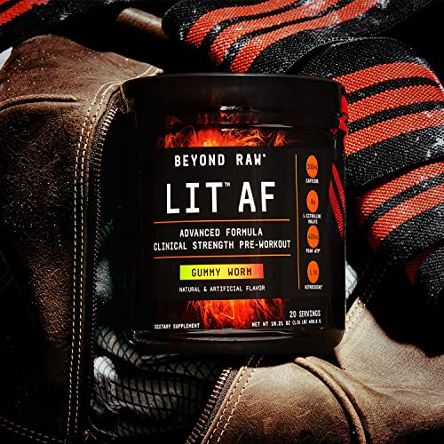 BEYOND RAW LIT AF | Advanced Formula Clinical Strength Pre-Workout Powder | Contains Caffeine, L-Citruline, and Nitrosigine | Lemon Ice | 20 Servings