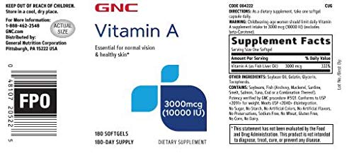 GNC Vitamin A 3000mcg (10000IU), 180 Softgels, Promotes Normal Vision and Healthy Skin